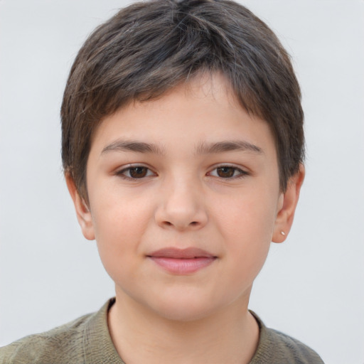 Joyful white child female with short  brown hair and brown eyes