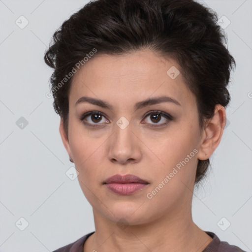 Neutral white young-adult female with short  brown hair and brown eyes