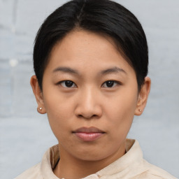 Neutral asian young-adult female with short  brown hair and brown eyes