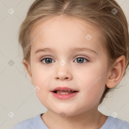 Joyful white child female with medium  brown hair and brown eyes