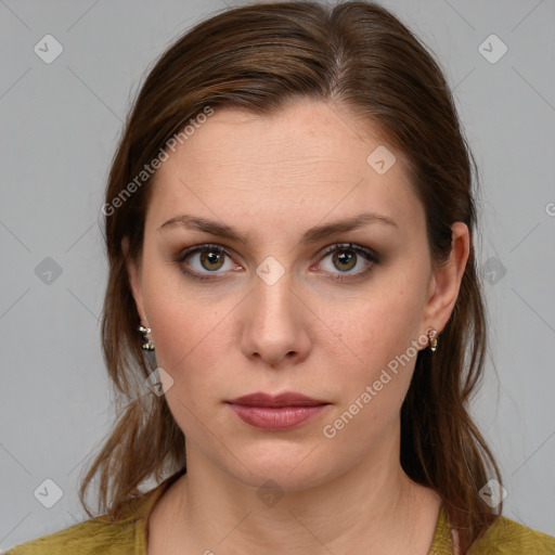 Neutral white young-adult female with medium  brown hair and brown eyes