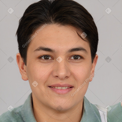 Joyful white young-adult female with short  brown hair and brown eyes