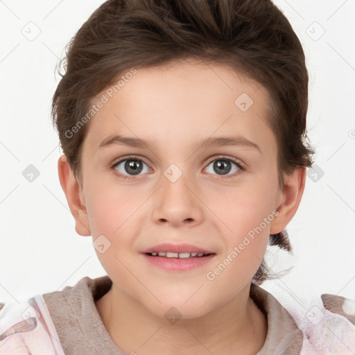 Joyful white child female with short  brown hair and brown eyes