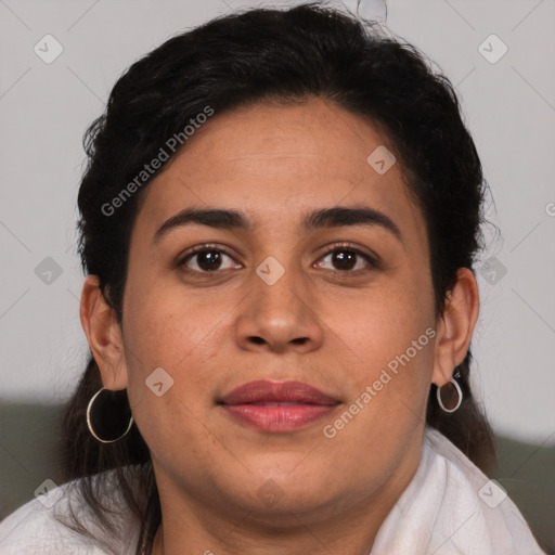 Joyful latino young-adult female with short  brown hair and brown eyes