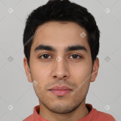 Neutral latino young-adult male with short  black hair and brown eyes