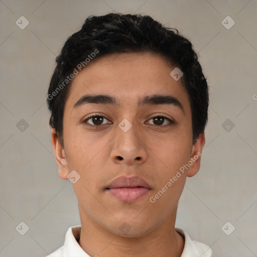 Neutral latino young-adult male with short  black hair and brown eyes