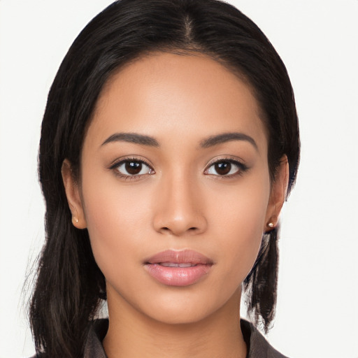 Neutral latino young-adult female with long  black hair and brown eyes