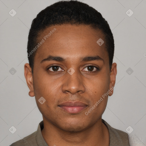 Neutral black young-adult male with short  black hair and brown eyes