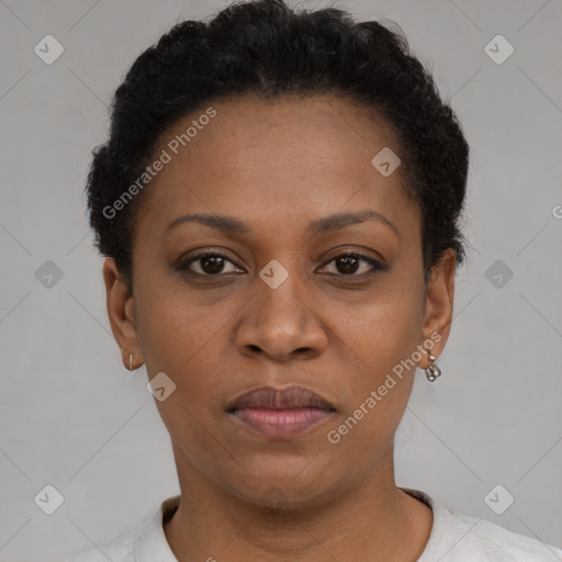 Joyful black adult female with short  black hair and brown eyes
