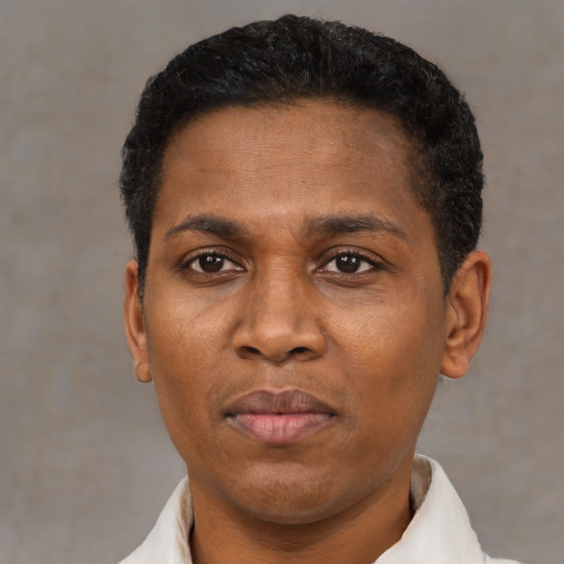 Neutral black young-adult male with short  black hair and brown eyes