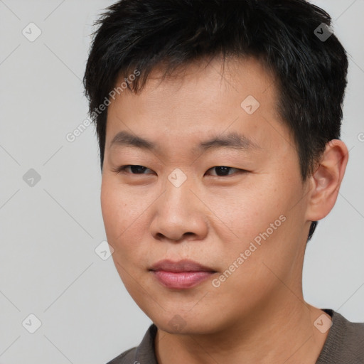 Neutral asian young-adult male with short  black hair and brown eyes