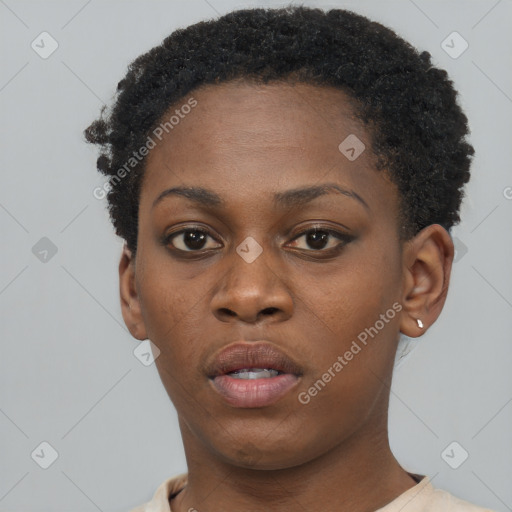 Neutral black young-adult female with short  brown hair and brown eyes