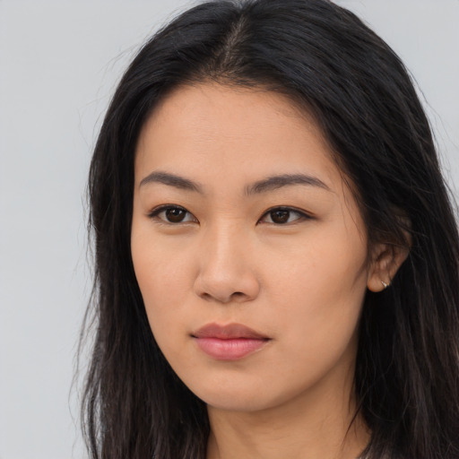 Neutral asian young-adult female with long  brown hair and brown eyes