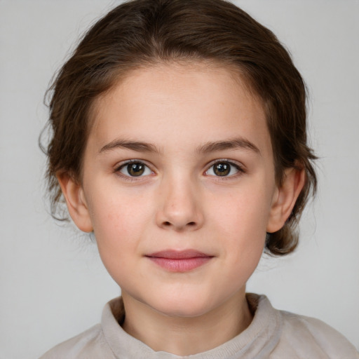 Joyful white child female with medium  brown hair and brown eyes