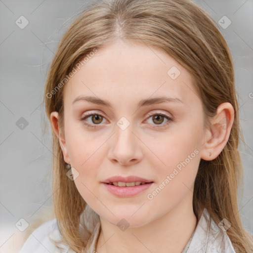 Joyful white young-adult female with medium  brown hair and blue eyes