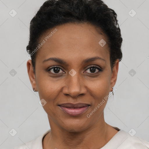 Joyful latino young-adult female with short  black hair and brown eyes