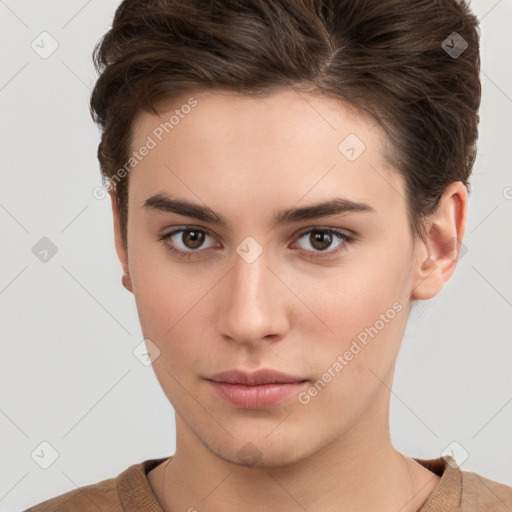 Neutral white young-adult female with short  brown hair and brown eyes