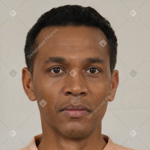Neutral black young-adult male with short  black hair and brown eyes