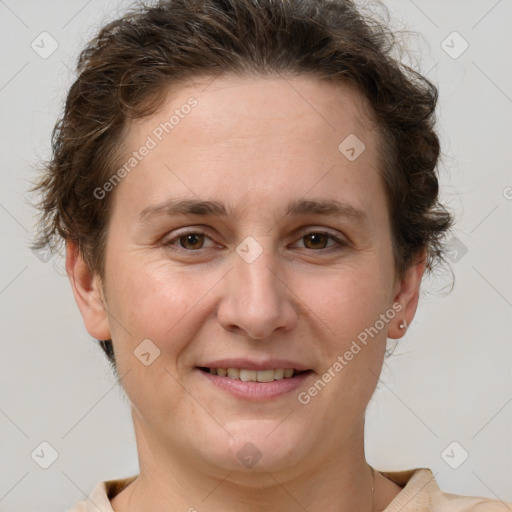 Joyful white adult female with short  brown hair and brown eyes