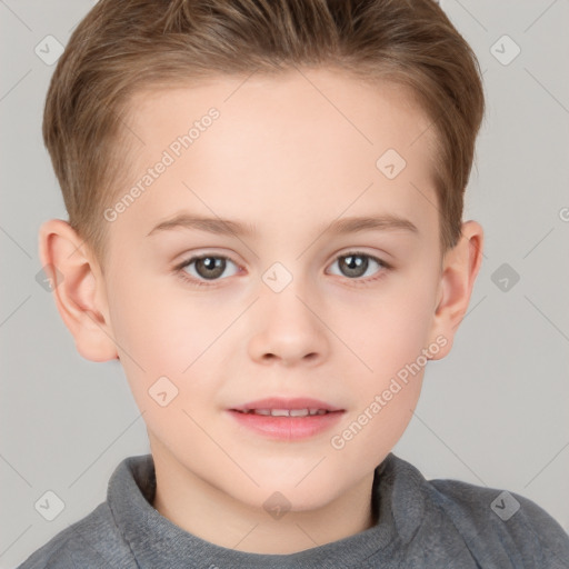 Joyful white child female with short  brown hair and brown eyes