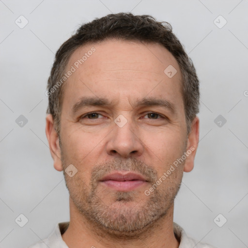 Neutral white adult male with short  brown hair and brown eyes