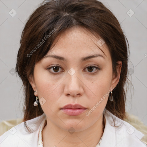 Neutral white young-adult female with medium  brown hair and brown eyes