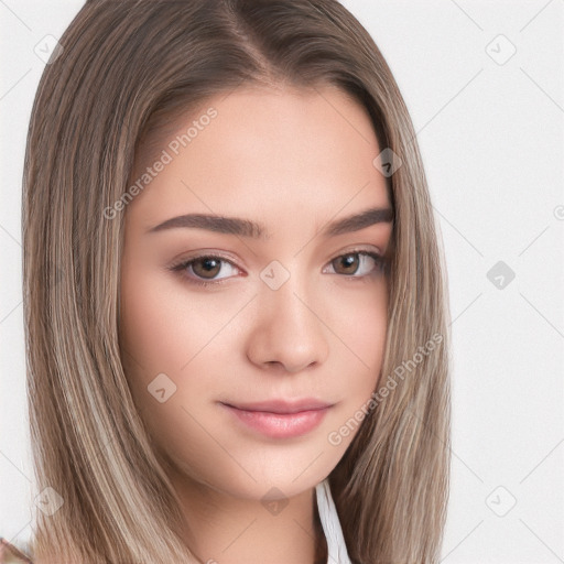 Neutral white young-adult female with long  brown hair and brown eyes