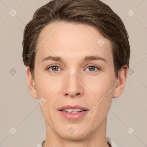 Joyful white young-adult female with short  brown hair and grey eyes