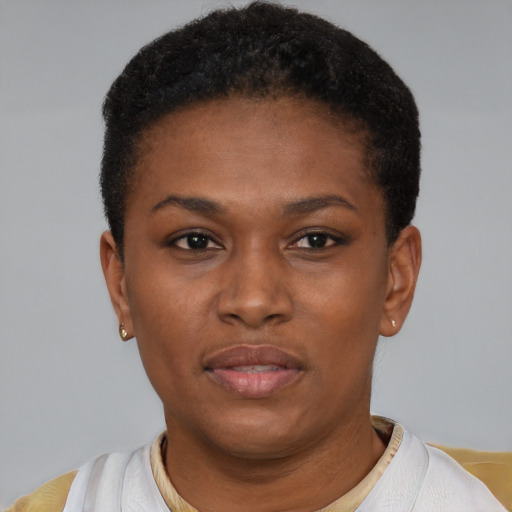 Neutral latino young-adult female with short  brown hair and brown eyes