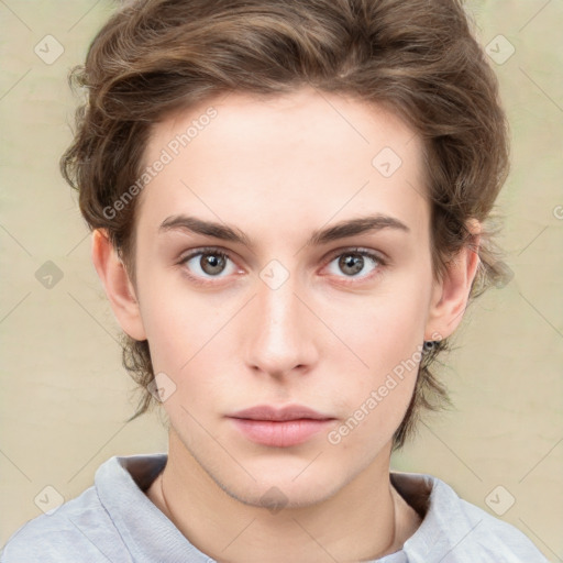 Neutral white young-adult female with short  brown hair and brown eyes