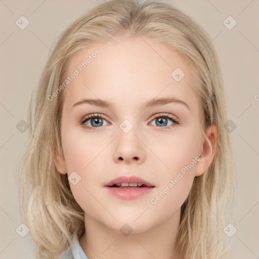 Neutral white child female with medium  brown hair and blue eyes