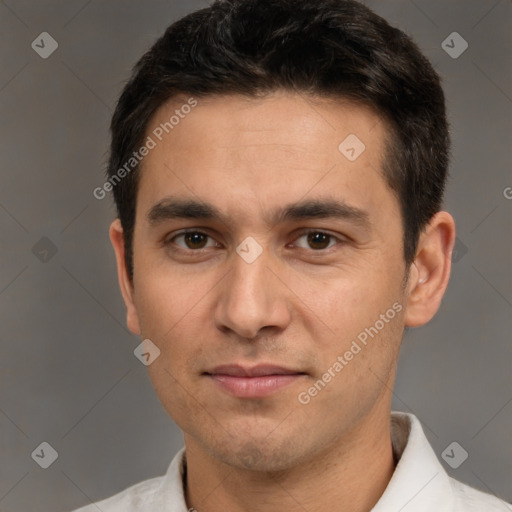 Joyful white young-adult male with short  brown hair and brown eyes
