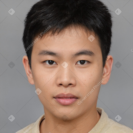 Neutral asian young-adult male with short  brown hair and brown eyes