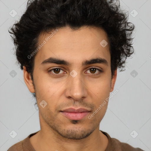 Neutral latino young-adult male with short  brown hair and brown eyes