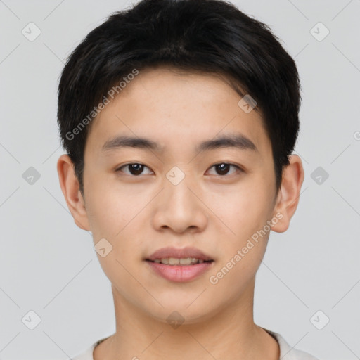 Neutral asian young-adult male with short  black hair and brown eyes