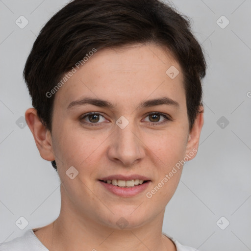 Joyful white young-adult female with short  brown hair and grey eyes