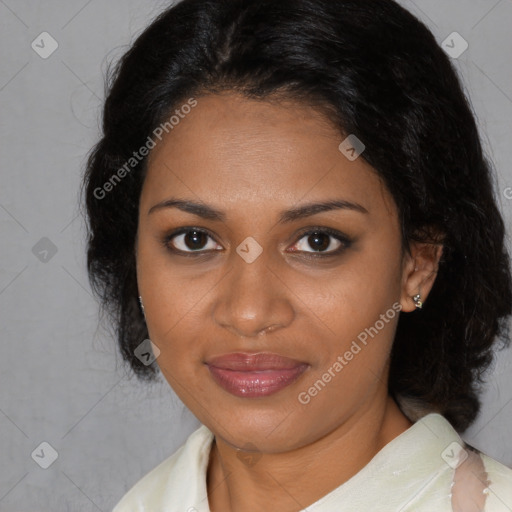 Joyful black young-adult female with medium  brown hair and brown eyes