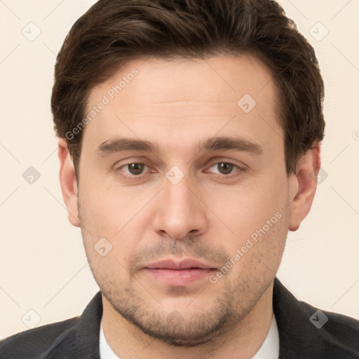 Neutral white young-adult male with short  brown hair and brown eyes