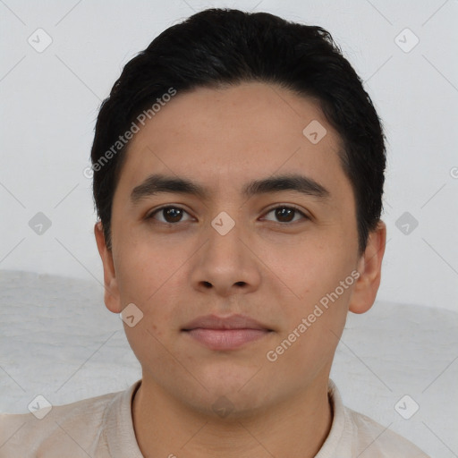 Neutral asian young-adult male with short  black hair and brown eyes