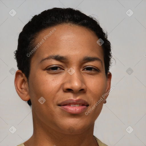 Joyful latino young-adult female with short  brown hair and brown eyes