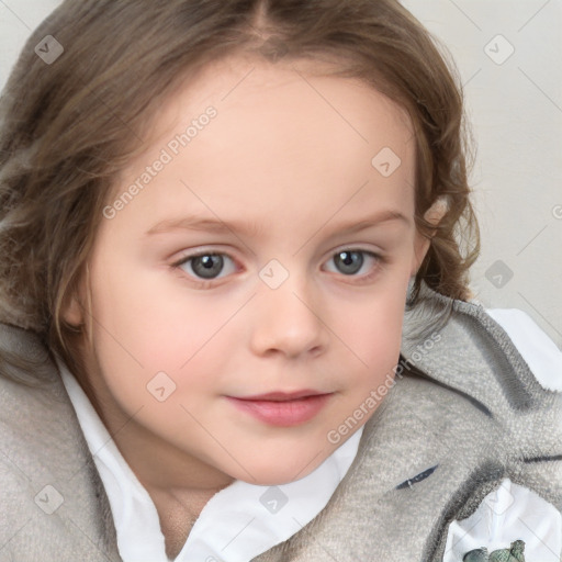 Neutral white child female with medium  brown hair and blue eyes