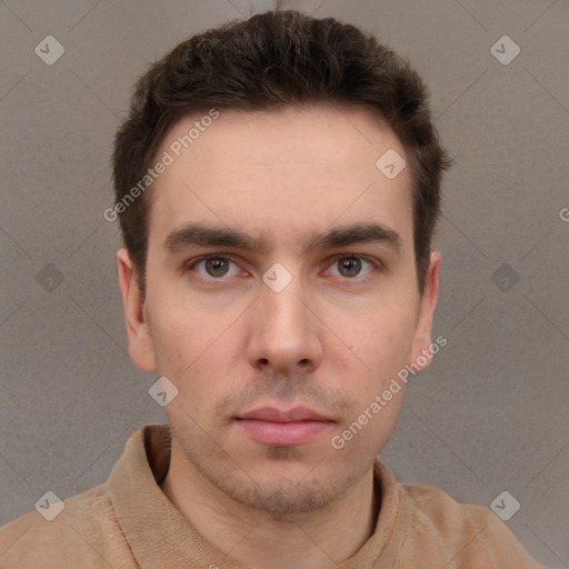 Neutral white young-adult male with short  brown hair and brown eyes