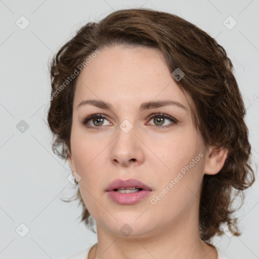 Neutral white young-adult female with medium  brown hair and brown eyes