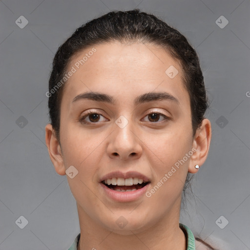 Joyful white young-adult female with short  brown hair and brown eyes