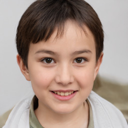 Joyful white child female with short  brown hair and brown eyes