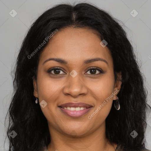 Joyful black young-adult female with long  brown hair and brown eyes