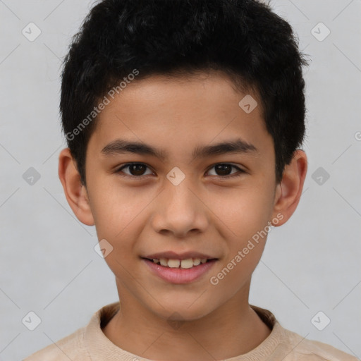 Joyful white child male with short  brown hair and brown eyes