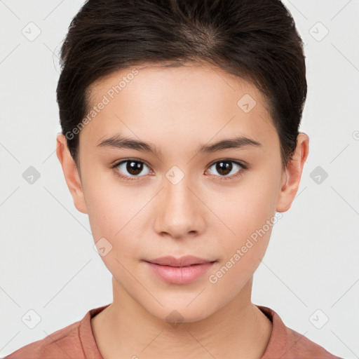 Neutral white young-adult female with short  brown hair and brown eyes