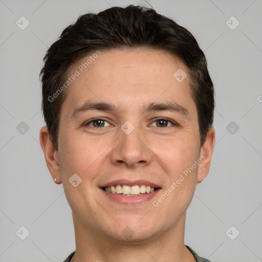 Joyful white young-adult male with short  brown hair and brown eyes