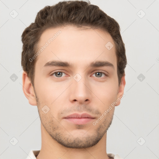 Neutral white young-adult male with short  brown hair and brown eyes